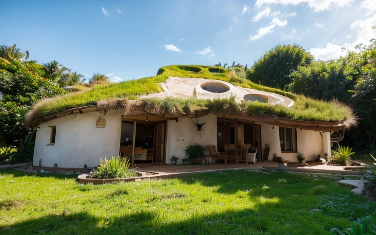 A photograph of a symmetrical contemporary wattle and daub house with (((one hyperbolic paraboloid green roof))) and (((biological pool))) and ((base wall foundation)) in a tropical backyard, mustard yellow terracota plaster walls (((rustic clay stucco))), ((corner walls rounded)), ((rustic clay plaster)), (((terracotta walls with rounded corners, organic curves))), (((rustic earth plaster, mud))), (((hyperbolic-shaped green roof with wooden edge))), (((wooden roof structure, wooden rake, wooden fascia board))), eaves, ((roof with wooden structure)), In Bahia (((tropical garden))), ((natural houses, organic buildings, organic architecture)), ecovillage, sustainable architecture, bioconstruction architecture, solarpunk architecture, (((grass roof, green roof, green wave roof, rounded roof, vegetated roofs))), (((rock base foundation wall, foundation height 30cm, stone base wall 30cm high))), ((green architecture)), passive house, clear sky in the background, painful beauty, modern, imposing, green house, ((Bali hobbit Hadid Style)), super resolution, cinematic, color grading, editorial photography, photography, photo shoot, (((dramatic front eye top angle view))), O 50mm, depth of field, intricate details, natural colors, sharp focus, warm light, shutter speed 1/1000, F/22, White Balance, Ray Trace Reflections, Lumen Reflections, Screen Space Reflections, Diffraction Rating, Chromatic Aberration, GB Shift, Partial Lighting, Backlighting, Daylighting, Scan Lines, ambient occlusion, antialiasing, shaders, OpenGL-Shaders, GLSL-Shaders, Post-processing, post-production, shading, tone mapping, incredibly detailed and complex, hypermaximalist, elegant, hyperrealistic, super detailed, dynamic pose, Fujifilm XT