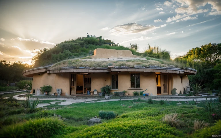 A photograph of a symmetrical contemporary wattle and daub house with (((one hyperbolic paraboloid green roof))) and (((biological pool))) and ((base wall foundation)) in a tropical backyard, mustard yellow terracota plaster walls (((rustic clay stucco))), ((corner walls rounded)), ((rustic clay plaster)), (((terracotta walls with rounded corners, organic curves))), (((rustic earth plaster, mud))), (((hyperbolic-shaped green roof with wooden edge))), (((wooden roof structure, wooden rake, wooden fascia board))), eaves, ((roof with wooden structure)), In Bahia (((tropical garden))), ((natural houses, organic buildings, organic architecture)), ecovillage, sustainable architecture, bioconstruction architecture, solarpunk architecture, (((grass roof, green roof, green wave roof, rounded roof, vegetated roofs))), (((rock base foundation wall, foundation height 30cm, stone base wall 30cm high))), ((green architecture)), passive house, clear sky in the background, painful beauty, modern, imposing, green house, ((Bali hobbit Hadid Style)), super resolution, cinematic, color grading, editorial photography, photography, photo shoot, (((dramatic front eye top angle view))), O 50mm, depth of field, intricate details, natural colors, sharp focus, warm light, shutter speed 1/1000, F/22, White Balance, Ray Trace Reflections, Lumen Reflections, Screen Space Reflections, Diffraction Rating, Chromatic Aberration, GB Shift, Partial Lighting, Backlighting, Daylighting, Scan Lines, ambient occlusion, antialiasing, shaders, OpenGL-Shaders, GLSL-Shaders, Post-processing, post-production, shading, tone mapping, incredibly detailed and complex, hypermaximalist, elegant, hyperrealistic, super detailed, dynamic pose, Fujifilm XT