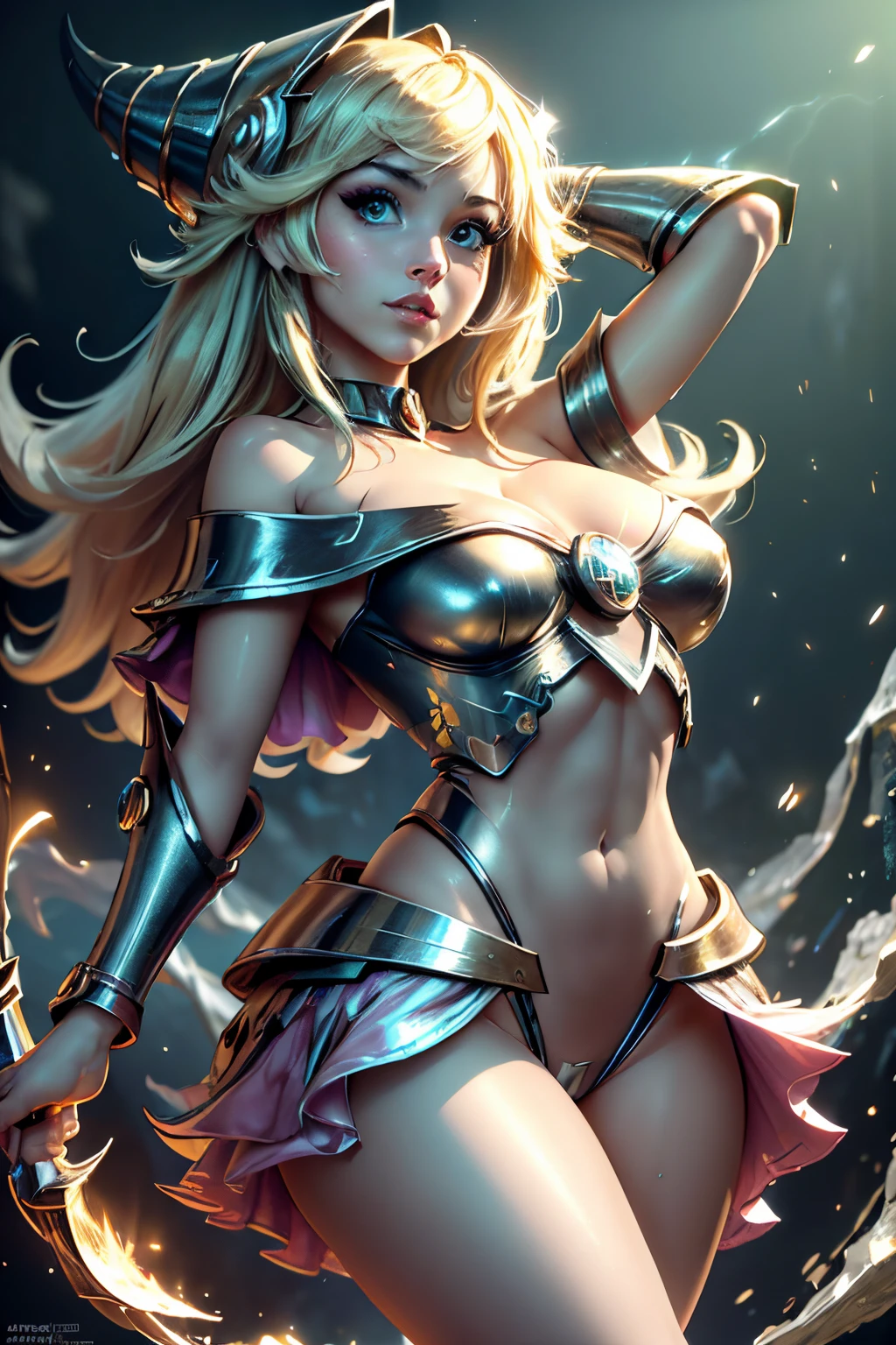 solamente, Super fine photo, Unreal Engine 5 8K UHD digital art portrait of a girl, Arte conceptual, character concept design, wearing a tight, shiny white dress with metallic details, corona de oro, ojos azules, fantasy princess, guante metalico, cabello largo y rubio, La mejor calidad, Obra maestra, Super detailed, foco nítido, pose Sujestiva y sexy y inocente y
