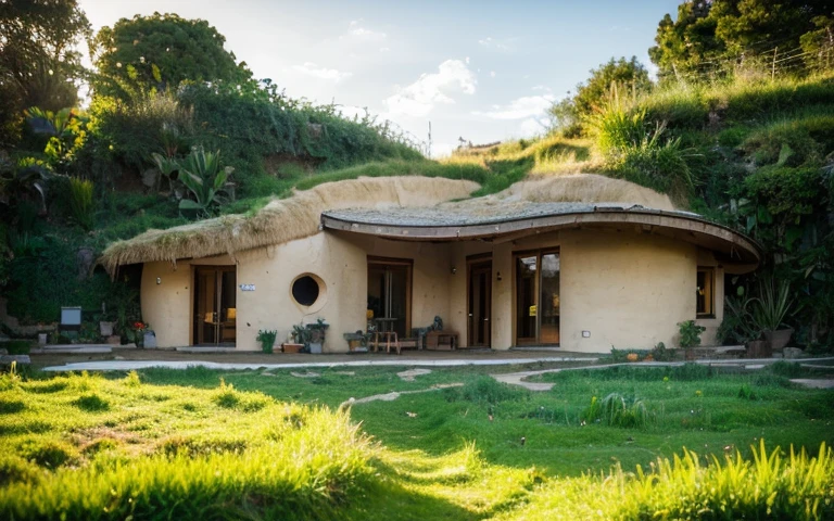 A photograph of a symmetrical contemporary wattle and daub house with (((one hyperbolic paraboloid green roof))) and (((biological pool))) and ((base wall foundation)) in a tropical backyard, mustard yellow terracota plaster walls (((rustic clay stucco))), ((corner walls rounded)), ((rustic clay plaster)), (((terracotta walls with rounded corners, organic curves))), (((rustic earth plaster, mud))), (((hyperbolic-shaped green roof with wooden edge))), (((wooden roof structure, wooden rake, wooden fascia board))), eaves, ((roof with wooden structure)), In Bahia (((tropical garden))), ((natural houses, organic buildings, organic architecture)), ecovillage, sustainable architecture, bioconstruction architecture, solarpunk architecture, (((grass roof, green roof, green wave roof, rounded roof, vegetated roofs))), (((rock base foundation wall, foundation height 30cm, stone base wall 30cm high))), ((green architecture)), passive house, clear sky in the background, painful beauty, modern, imposing, green house, ((Bali hobbit Hadid Style)), super resolution, cinematic, color grading, editorial photography, photography, photo shoot, (((dramatic front eye top angle view))), O 50mm, depth of field, intricate details, natural colors, sharp focus, warm light, shutter speed 1/1000, F/22, White Balance, Ray Trace Reflections, Lumen Reflections, Screen Space Reflections, Diffraction Rating, Chromatic Aberration, GB Shift, Partial Lighting, Backlighting, Daylighting, Scan Lines, ambient occlusion, antialiasing, shaders, OpenGL-Shaders, GLSL-Shaders, Post-processing, post-production, shading, tone mapping, incredibly detailed and complex, hypermaximalist, elegant, hyperrealistic, super detailed, dynamic pose, Fujifilm XT