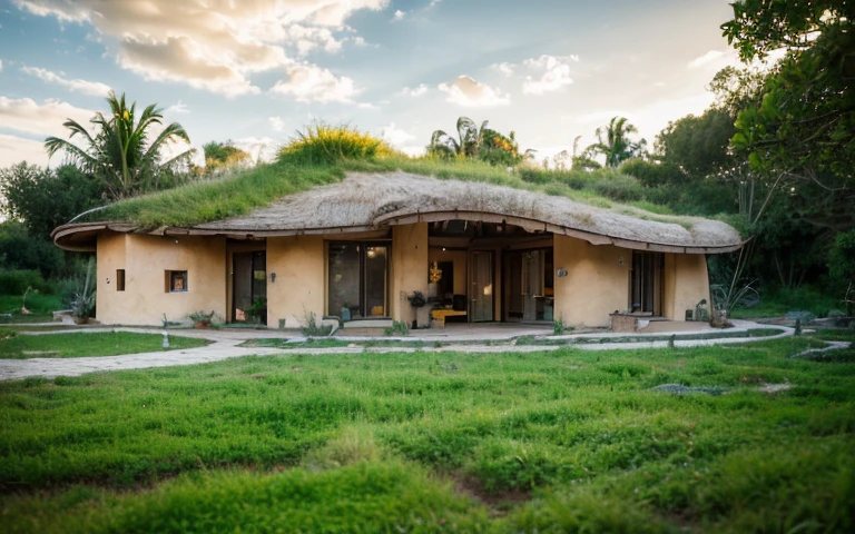 A photograph of a symmetrical contemporary wattle and daub house with (((one hyperbolic paraboloid green roof))) and (((biological pool))) and ((base wall foundation)) in a tropical backyard, mustard yellow terracota plaster walls (((rustic clay stucco))), ((corner walls rounded)), ((rustic clay plaster)), (((terracotta walls with rounded corners, organic curves))), (((rustic earth plaster, mud))), (((hyperbolic-shaped green roof with wooden edge))), (((wooden roof structure, wooden rake, wooden fascia board))), eaves, ((roof with wooden structure)), In Bahia (((tropical garden))), ((natural houses, organic buildings, organic architecture)), ecovillage, sustainable architecture, bioconstruction architecture, solarpunk architecture, (((grass roof, green roof, green wave roof, rounded roof, vegetated roofs))), (((rock base foundation wall, foundation height 30cm, stone base wall 30cm high))), ((green architecture)), passive house, clear sky in the background, painful beauty, modern, imposing, green house, ((Bali hobbit Hadid Style)), super resolution, cinematic, color grading, editorial photography, photography, photo shoot, (((dramatic front eye top angle view))), O 50mm, depth of field, intricate details, natural colors, sharp focus, warm light, shutter speed 1/1000, F/22, White Balance, Ray Trace Reflections, Lumen Reflections, Screen Space Reflections, Diffraction Rating, Chromatic Aberration, GB Shift, Partial Lighting, Backlighting, Daylighting, Scan Lines, ambient occlusion, antialiasing, shaders, OpenGL-Shaders, GLSL-Shaders, Post-processing, post-production, shading, tone mapping, incredibly detailed and complex, hypermaximalist, elegant, hyperrealistic, super detailed, dynamic pose, Fujifilm XT