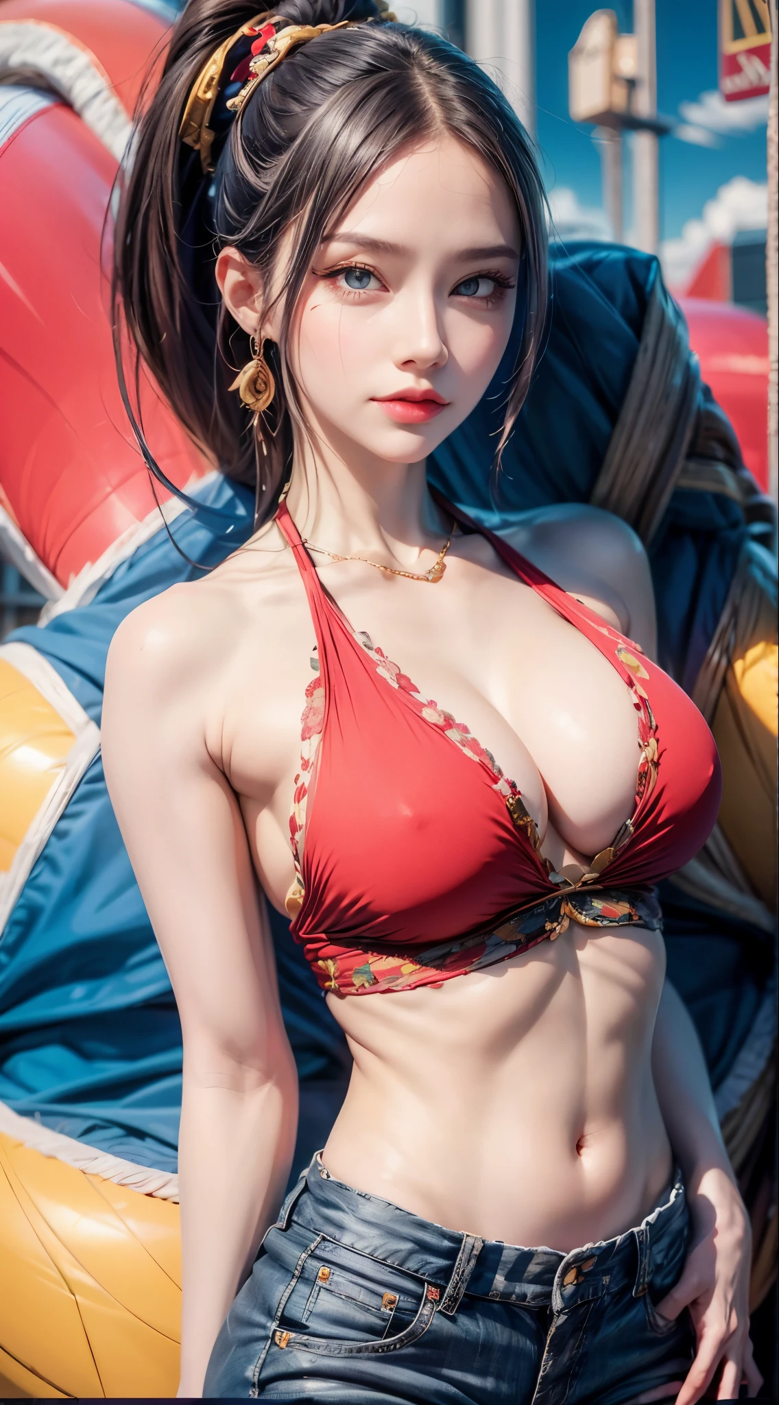 realistic, 1 women, best quality, 12k, HD, long hair, big round breasts, cleavage, ponytail, necklace, jewelry, shorts, short jacket, slim hips, hair tie, yellow eyes, black hair, super detailed, Eye details, hair details, person details, mouth details, face details, breast details, clothes details, hair details, pants details, hand details, whole body