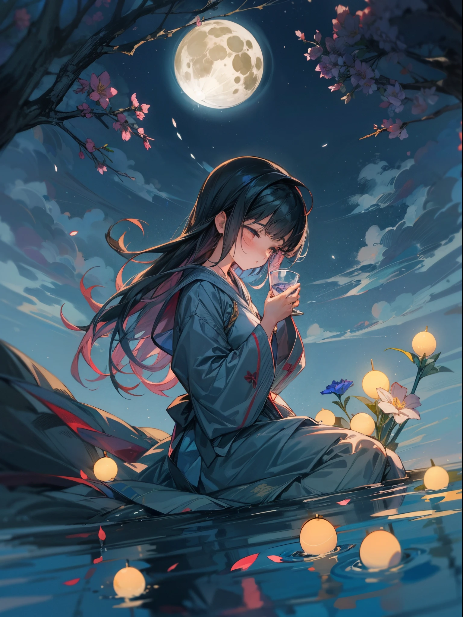 The girl took a bottle of sake out to a place where flowers were blooming, but no one was there to accompany her. There she raised a cup and invited the moon to drink with her. The moon, the anime girl, and the girl's shadow reflected on the water surface, now there are three friends. However, Tsuki doesn't understand drinking, and the shadow just follows the girl. Anyway, this spring, the girl will have fun with the moon and the shadows for a while. When the girl sings, the moon moves around; when the girl dances, the shadow flickers on the water. They have fun together when they're sober, and then separate after they're drunk. The girl promises to have a long and close relationship with this heartless being, the moon and the shadow, and to meet again in the distant Milky Way.