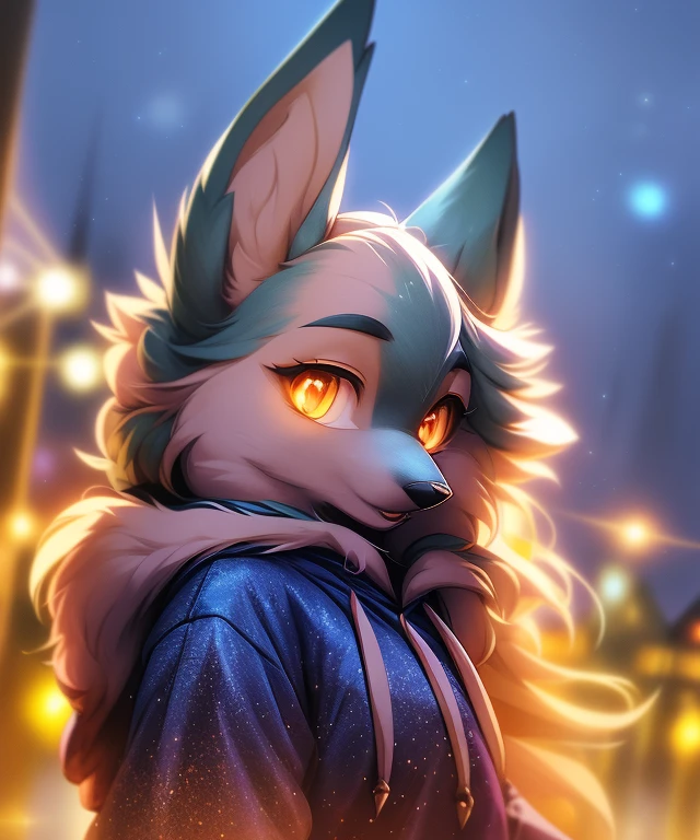 Porshacrystal, Fluffy female anthropate, The Wolf Girl, Portrait, a closeup of a,  (hoodie:1.2),  fur-trim, 独奏, (Body fur:1.2), (Best Quality), (Detailed night background:1.2), dramatic  lighting, (detailed fluffy fur:1.1), looking a viewer,