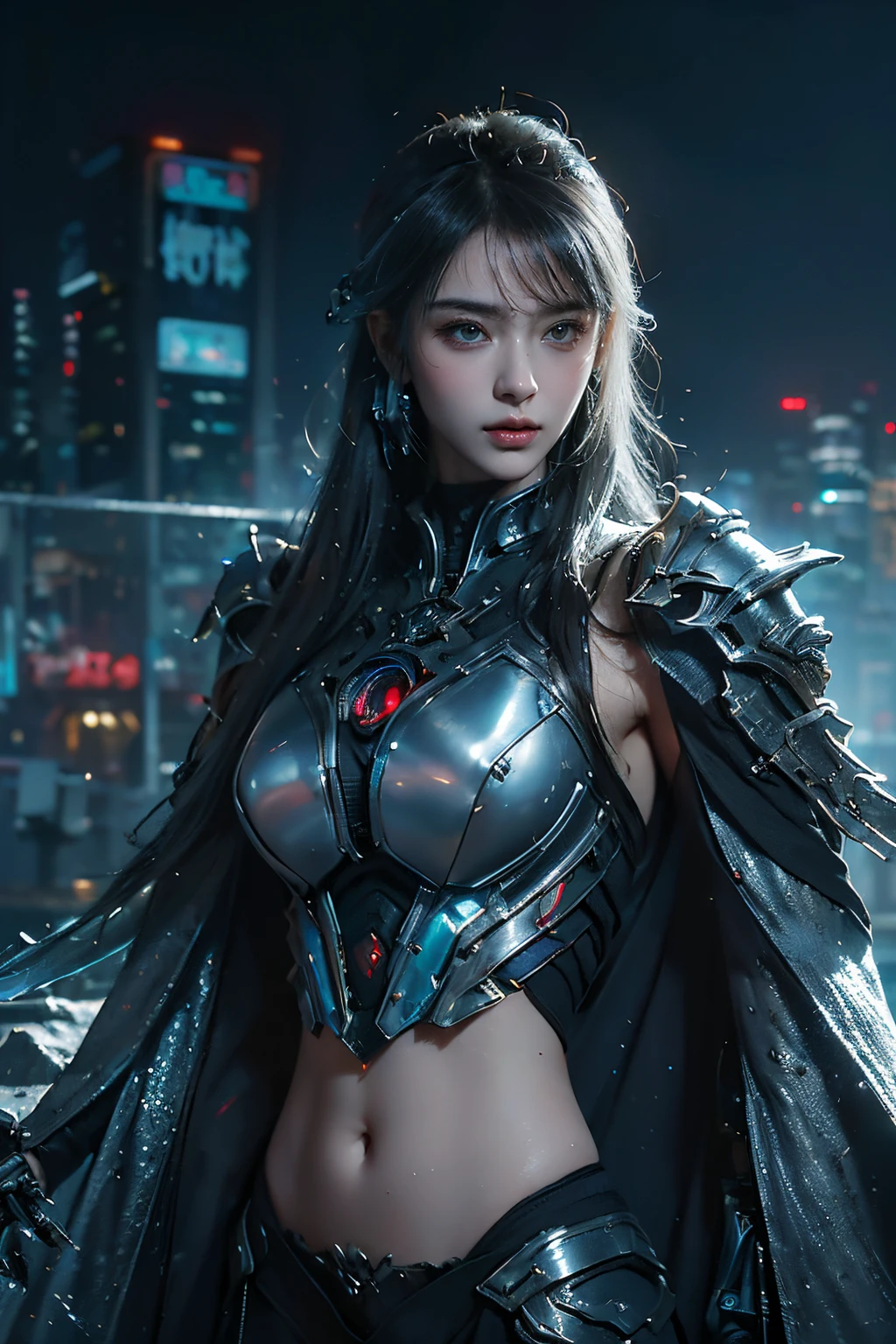 tmasterpiece,Best quality,A high resolution,8K,(Portrait photograph:1.5),(ROriginal photo),real photograph,digital photography,(Combination of cyberpunk and fantasy style),(Female soldier),20岁女孩,random hair style,By bangs,(Red eyeigchest, accessories,Keep one's mouth shut,elegant and charming,Serious and arrogant,Calm and handsome,(Cyberpunk combined with fantasy style clothing,Openwork design,joint armor,Combat uniformposing your navel,Photo pose,Realisticstyle,gray world background,oc render reflection texture