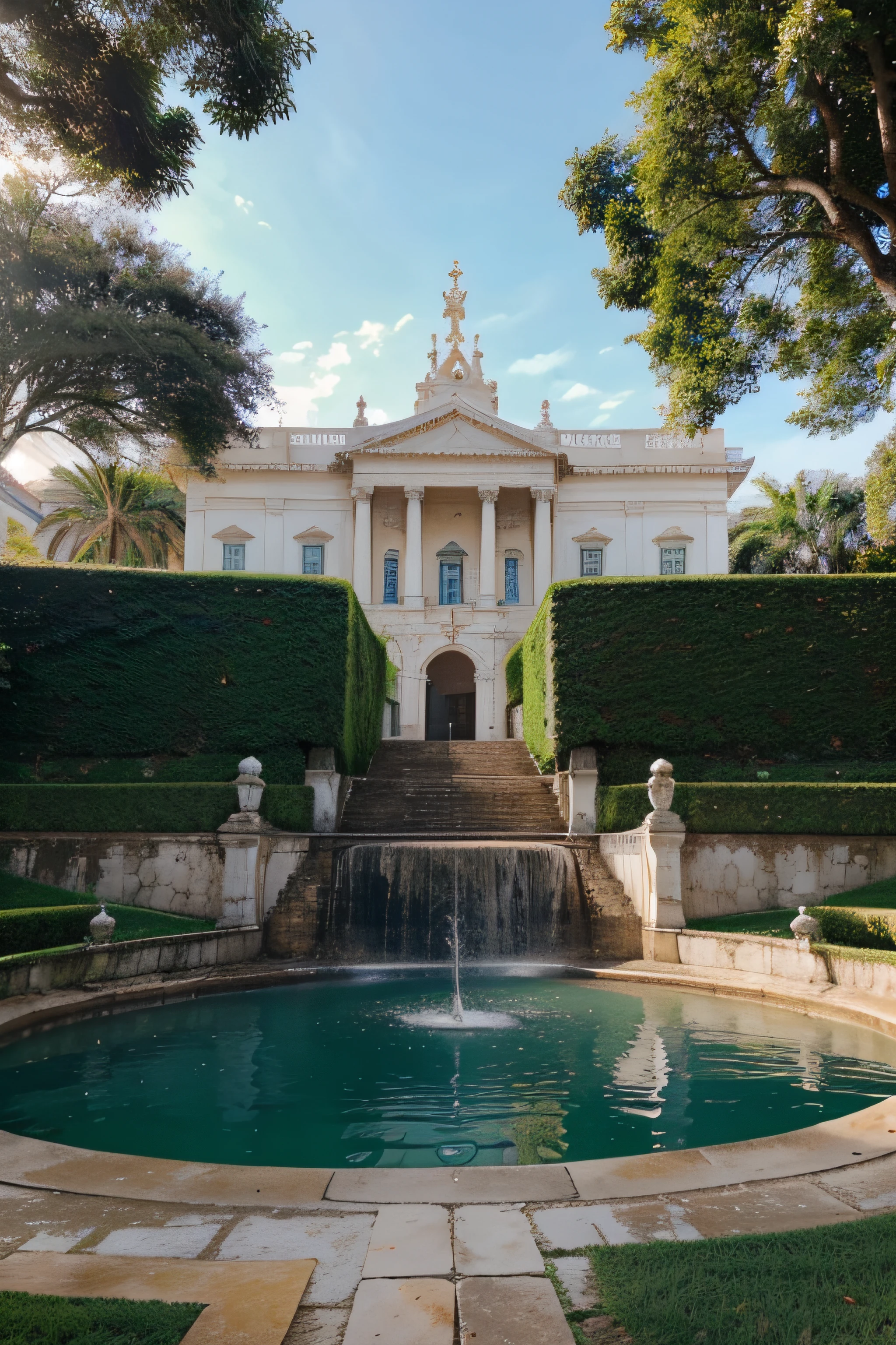 vista por fora de um museu, with romantic classical architecture, com um jardim e uma fonte d'agua na frente