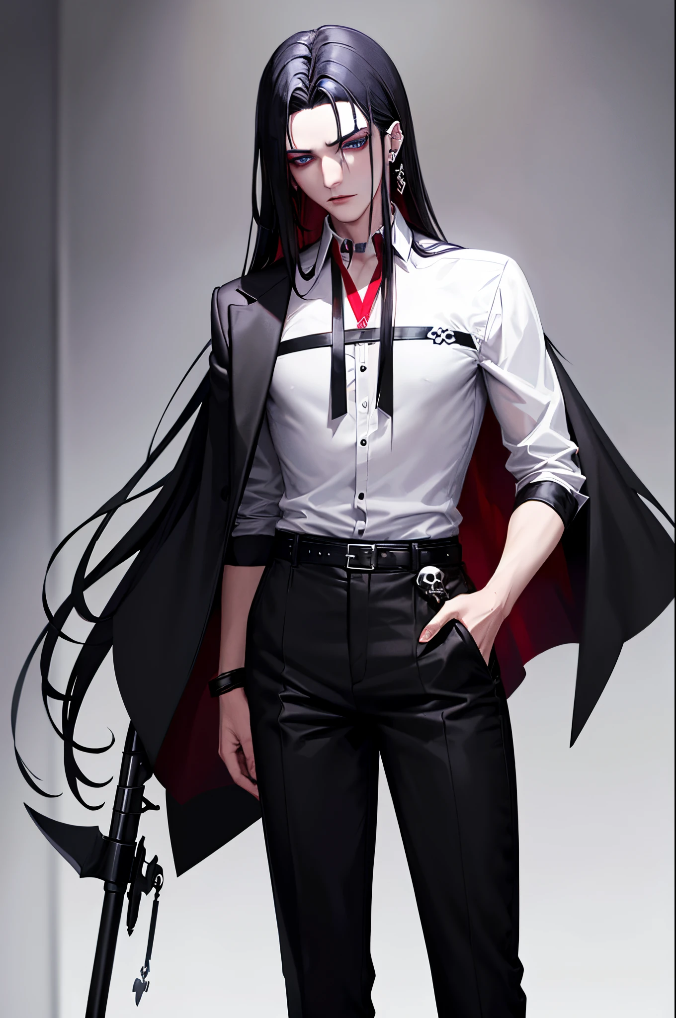 Guy with the long black hair, piercing blue eyes, 23 years old, cross earrings, piercing gaze, wearing (red wine ((elegant)) shirt) with black pants chinos, skull belt and black boots. He likes black humor and memes, listen do hard music like metal, rock or agressive trap and rap. Detailed face, grim reaper styled outfit