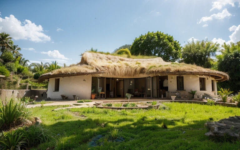 A photograph of a symmetrical contemporary wattle and daub house with (((one hyperbolic paraboloid green roof))) and (((biological pool))) and ((base wall foundation)) in a tropical backyard, mustard yellow terracota plaster walls (((rustic clay stucco))), ((corner walls rounded)), ((rustic clay plaster)), (((terracotta walls with rounded corners, organic curves))), (((rustic earth plaster, mud))), (((hyperbolic-shaped green roof with wooden edge))), (((wooden roof structure, wooden rake, wooden fascia board))), eaves, ((roof with wooden structure)), In Bahia (((tropical garden))), ((natural houses, organic buildings, organic architecture)), ecovillage, sustainable architecture, bioconstruction architecture, solarpunk architecture, (((grass roof, green roof, green wave roof, rounded roof, vegetated roofs))), (((rock base foundation wall, foundation height 30cm, stone base wall 30cm high))), ((green architecture)), passive house, clear sky in the background, painful beauty, modern, imposing, green house, ((Bali hobbit Hadid Style)), super resolution, cinematic, color grading, editorial photography, photography, photo shoot, (((dramatic front eye top angle view))), O 50mm, depth of field, intricate details, natural colors, sharp focus, warm light, shutter speed 1/1000, F/22, White Balance, Ray Trace Reflections, Lumen Reflections, Screen Space Reflections, Diffraction Rating, Chromatic Aberration, GB Shift, Partial Lighting, Backlighting, Daylighting, Scan Lines, ambient occlusion, antialiasing, shaders, OpenGL-Shaders, GLSL-Shaders, Post-processing, post-production, shading, tone mapping, incredibly detailed and complex, hypermaximalist, elegant, hyperrealistic, super detailed, dynamic pose, Fujifilm XT