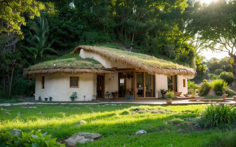 A photograph of a symmetrical contemporary wattle and daub house with (((one hyperbolic paraboloid green roof))) and (((biological pool))) and ((base wall foundation)) in a tropical backyard, mustard yellow terracota plaster walls (((rustic clay stucco))), ((corner walls rounded)), ((rustic clay plaster)), (((terracotta walls with rounded corners, organic curves))), (((rustic earth plaster, mud))), (((hyperbolic-shaped green roof with wooden edge))), (((wooden roof structure, wooden rake, wooden fascia board))), eaves, ((roof with wooden structure)), In Bahia (((tropical garden))), ((natural houses, organic buildings, organic architecture)), ecovillage, sustainable architecture, bioconstruction architecture, solarpunk architecture, (((grass roof, green roof, green wave roof, rounded roof, vegetated roofs))), (((rock base foundation wall, foundation height 30cm, stone base wall 30cm high))), ((green architecture)), passive house, clear sky in the background, painful beauty, modern, imposing, green house, ((Bali hobbit Hadid Style)), super resolution, cinematic, color grading, editorial photography, photography, photo shoot, (((dramatic front eye top angle view))), O 50mm, depth of field, intricate details, natural colors, sharp focus, warm light, shutter speed 1/1000, F/22, White Balance, Ray Trace Reflections, Lumen Reflections, Screen Space Reflections, Diffraction Rating, Chromatic Aberration, GB Shift, Partial Lighting, Backlighting, Daylighting, Scan Lines, ambient occlusion, antialiasing, shaders, OpenGL-Shaders, GLSL-Shaders, Post-processing, post-production, shading, tone mapping, incredibly detailed and complex, hypermaximalist, elegant, hyperrealistic, super detailed, dynamic pose, Fujifilm XT