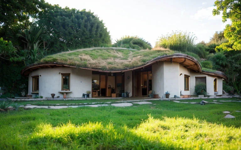 A photograph of a symmetrical contemporary wattle and daub house with (((one hyperbolic paraboloid green roof))) and (((biological pool))) and ((base wall foundation)) in a tropical backyard, mustard yellow terracota plaster walls (((rustic clay stucco))), ((corner walls rounded)), ((rustic clay plaster)), (((terracotta walls with rounded corners, organic curves))), (((rustic earth plaster, mud))), (((hyperbolic-shaped green roof with wooden edge))), (((wooden roof structure, wooden rake, wooden fascia board))), eaves, ((roof with wooden structure)), In Bahia (((tropical garden))), ((natural houses, organic buildings, organic architecture)), ecovillage, sustainable architecture, bioconstruction architecture, solarpunk architecture, (((grass roof, green roof, green wave roof, rounded roof, vegetated roofs))), (((rock base foundation wall, foundation height 30cm, stone base wall 30cm high))), ((green architecture)), passive house, clear sky in the background, painful beauty, modern, imposing, green house, ((Bali hobbit Hadid Style)), super resolution, cinematic, color grading, editorial photography, photography, photo shoot, (((dramatic front eye top angle view))), O 50mm, depth of field, intricate details, natural colors, sharp focus, warm light, shutter speed 1/1000, F/22, White Balance, Ray Trace Reflections, Lumen Reflections, Screen Space Reflections, Diffraction Rating, Chromatic Aberration, GB Shift, Partial Lighting, Backlighting, Daylighting, Scan Lines, ambient occlusion, antialiasing, shaders, OpenGL-Shaders, GLSL-Shaders, Post-processing, post-production, shading, tone mapping, incredibly detailed and complex, hypermaximalist, elegant, hyperrealistic, super detailed, dynamic pose, Fujifilm XT