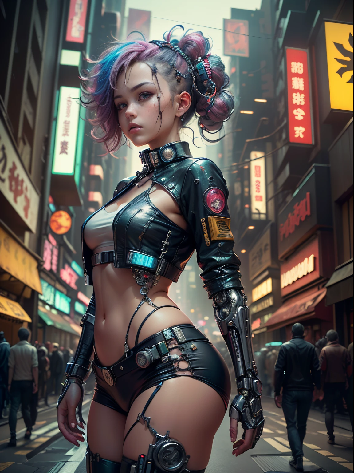 ((extremely delicate and beautiful cybernetic girl)), ((mechanical limb, blood vessels connected to tube, mechanical vertebrae)), ((mechanical cervical attaching to neck)), (wires and cables attaching to neck:1.2), ((mass of wires and cables on head)), ((wearing colorful Harajuku tech jacket with logos)), (character focus), ((dynamic pose)), ((cowboy shot)), (masterpiece), (((best quality))), ((ultra-detailed)), (highly detailed photorealistic CG illustration), cinematic lighting, science fiction, extremely detailed,colorful,highest detail, (((cyberpunk city background, Harajuku district)))