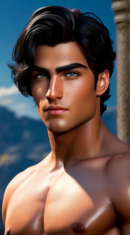 Handsome Disney Prince Dark Black Hair, blue eyes, Bright eyebrows and cement face, White olive skin, suntanned skin. Greek demigod warrior