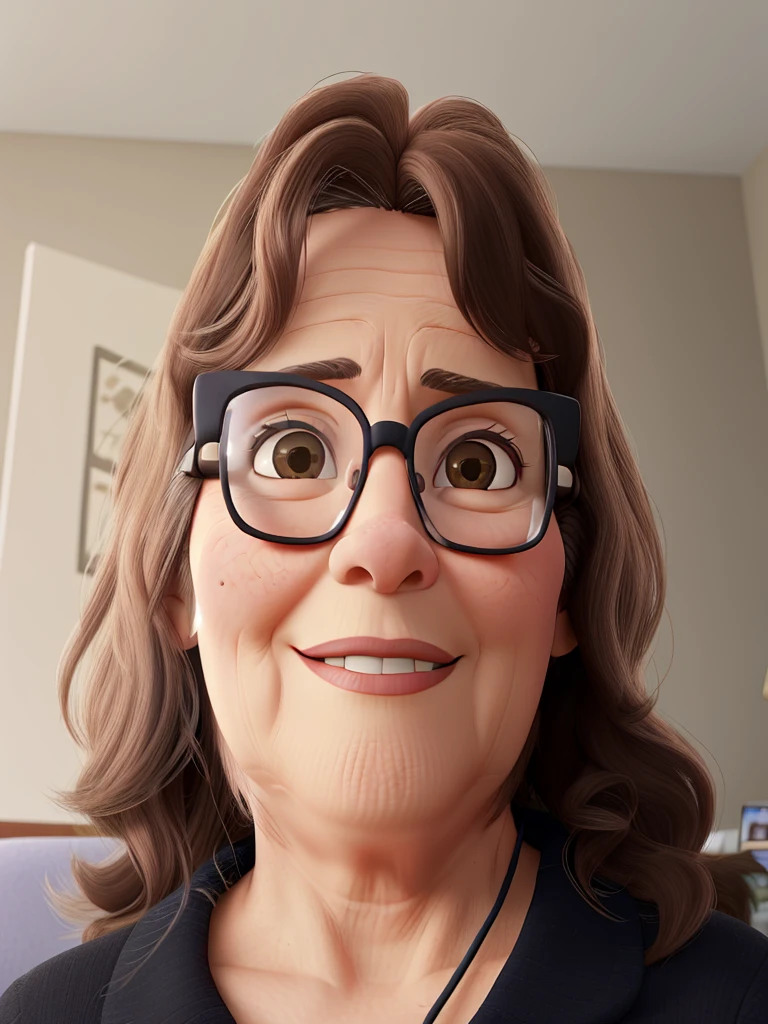 a 60-year-old woman, straight brown hair, brown eyes, wearing glasses, recording a voice message on her smartphone, in a living room.