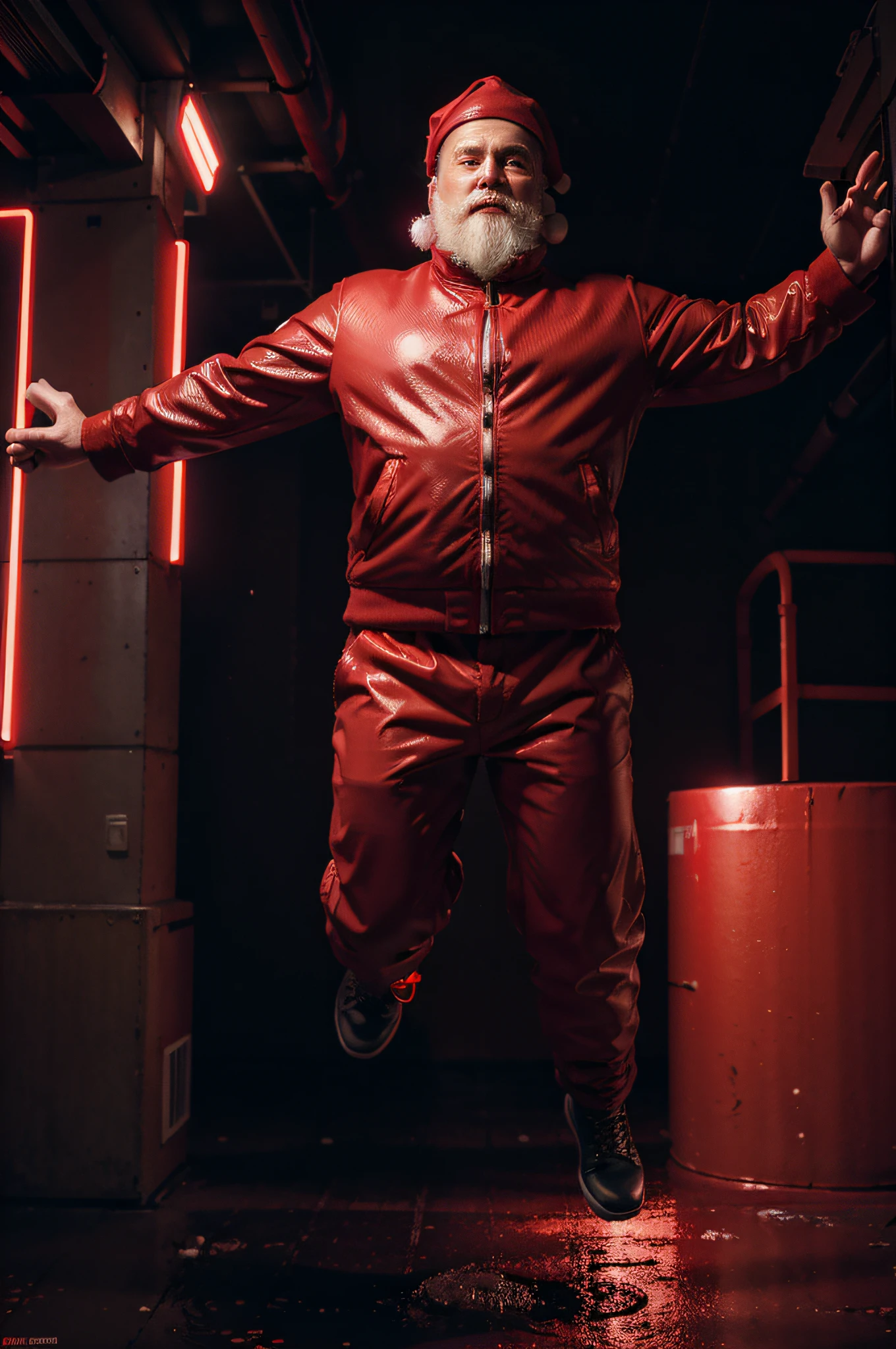 um papai noel gordo ultra-realista de corpo inteiro, vestindo jaqueta vermelha, red pants, rubber plastic texture, Salto, floating, Cyberpunk, Futuristic, at night, 8k, neon lights, luzes vermelhas, cinemactic, detalhes intrincados, Noite, disco Rigido, Ultra HD |