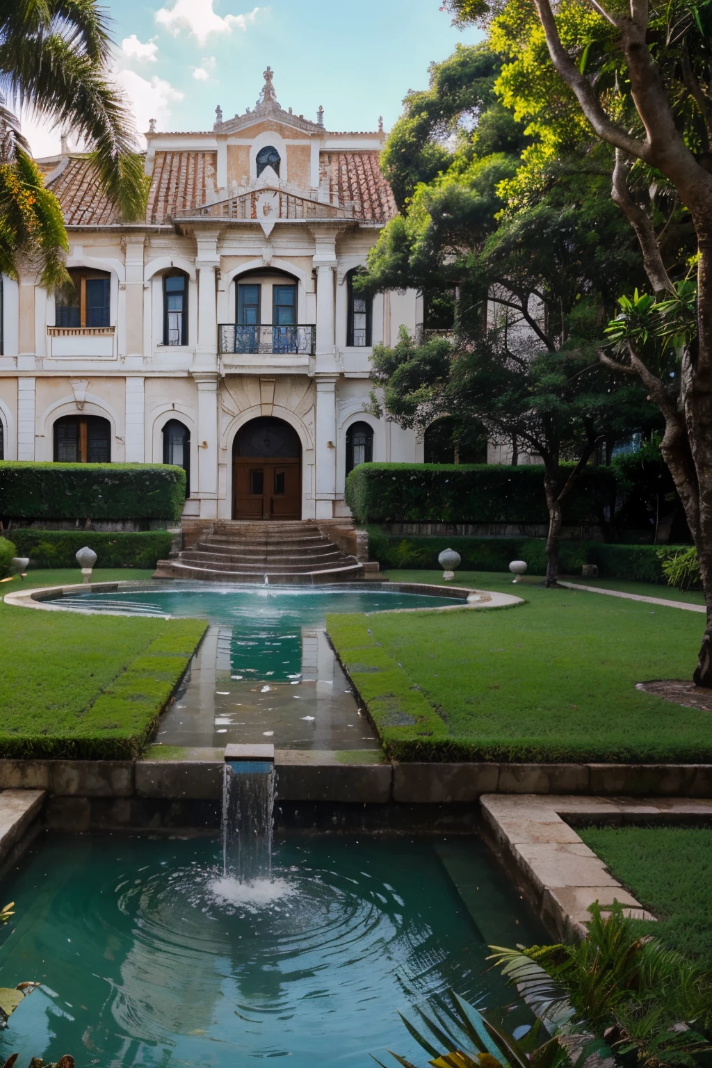 vista por fora de um museu, with architectural style, com um jardim e uma fonte d'agua na frente com agua cristalina.