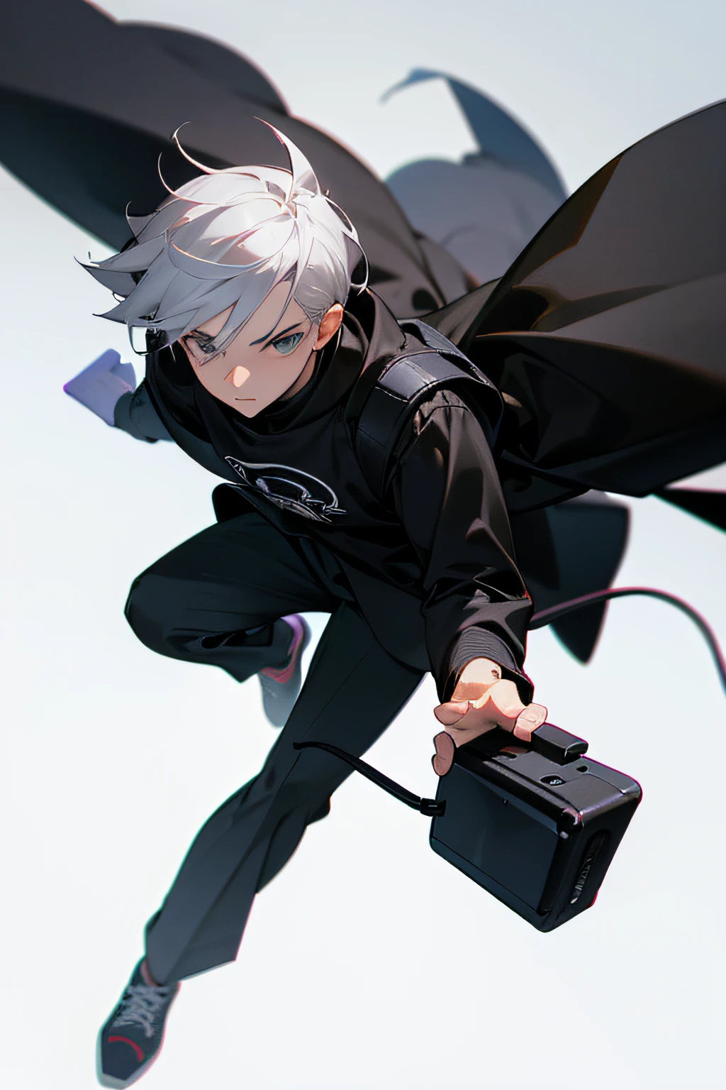personagem masculino de ums , 3d, usando uma mascara, moletom preto, mao nos bolsos do moletom, fones de ouvido branco, cabelo preto corte de cabelo social , fundo branco, anime.