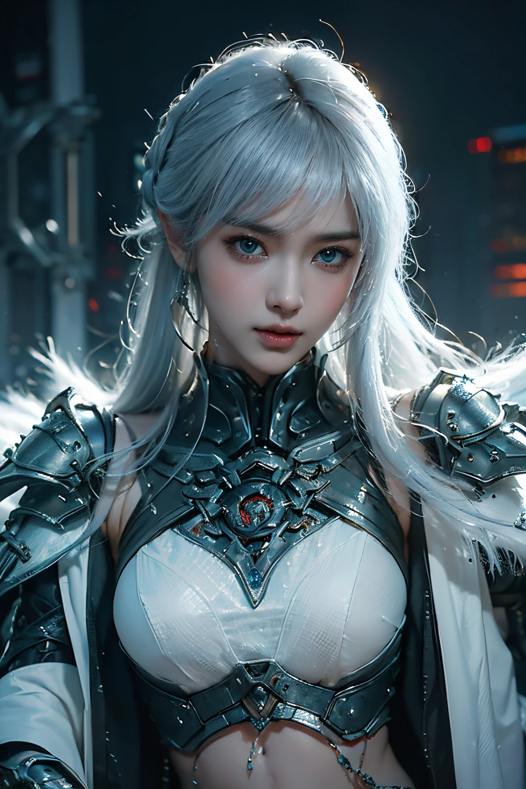 tmasterpiece,Best quality,A high resolution,8K,(Portrait photograph:1.5),(ROriginal photo),real photograph,digital photography,(Combination of cyberpunk and fantasy style),(Female soldier),20岁女孩,random hair style,white color hair,By bangs,(Red eyeigchest, accessories,Keep one's mouth shut,elegant and charming,Serious and arrogant,Calm and handsome,(Cyberpunk combined with fantasy style clothing,Openwork design,joint armor,Combat uniforms,White clothes,white colorposing your navel,Photo pose,Realisticstyle,gray world background,oc render reflection texture