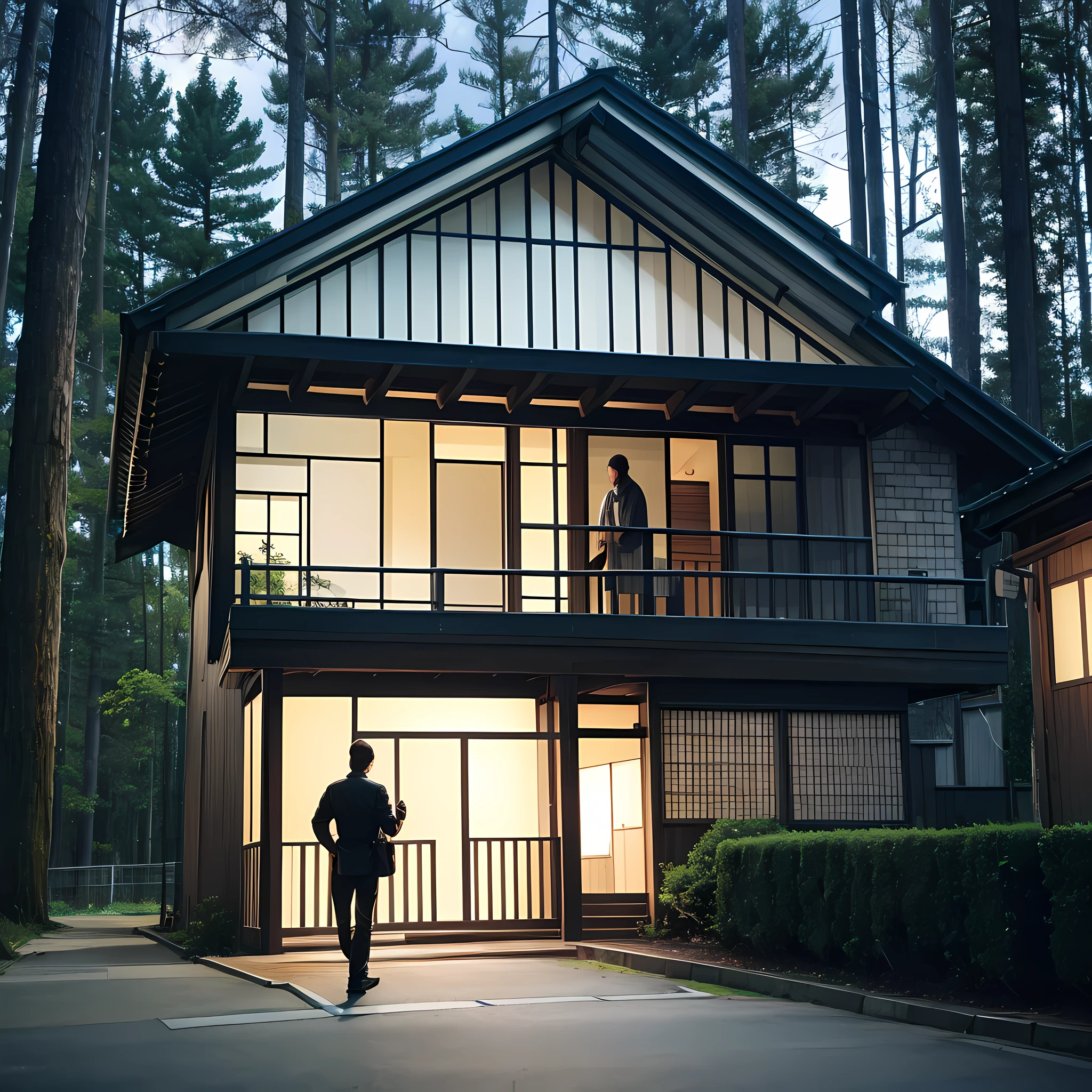 Modern house in the japan forest, dark vibe, muscle car in front of the house