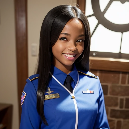 one black cute girl in uniform, (masterpiece, best quality:1.2), ultra high res, (photorealistic:1.4), detailed skin, cinematic lighting, friendly, intelligent, conversation engaging, happy, kind, energetic, cheerful, creative, with sparkling eyes and a contagious smile