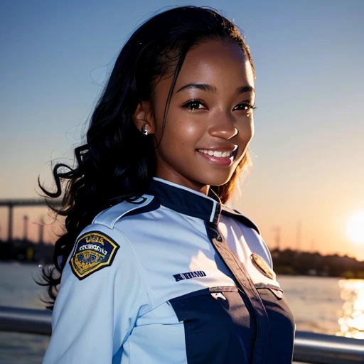 one black age cute girl in uniform, (masterpiece, best quality:1.2), ultra high res, (photorealistic:1.4), detailed skin, cinematic lighting, friendly, intelligent, conversation engaging, happy, kind, energetic, cheerful, creative, with sparkling eyes and a contagious smile