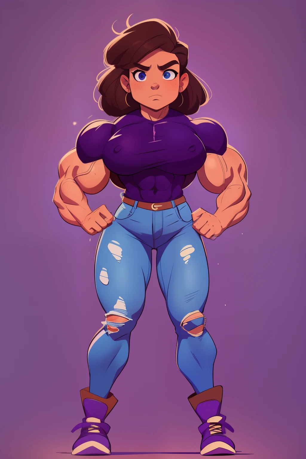 muscle girl with High cheekbones and a strong jawlineflexing muscles wearing purple muscle shirt and light blue jeans, her hair a rich chestnut brown, giving her a dynamic and youthful appearance, muscle woman, big muscles, huge muscles, massive muscles, muscle girl, bronze skin, Her facial features are a mix of determination and kindness, with expressive eyes that radiate a sense of adventure