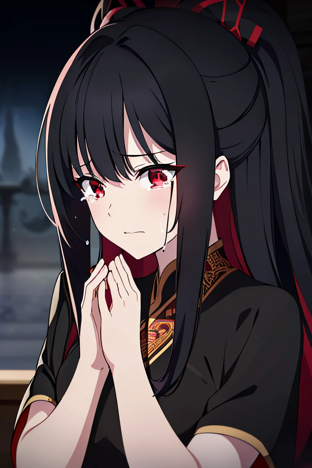 scene:0.9, (masterpiece), best quality, (((ultra detailed, 8k quality))), looking at viewer, (long black hair, side bang, expressive red eyes:0.7, glowing red eyes), (depth perception:0.7, black background, blurry background), (torso), , feminine, sad, crying, surrounded by darkness, (distanced), ((in the distance surrounded by darkness)), (head tilted up), looking at viewer , (perfect hand), (hair pins), wearing black Chinese dress with golden dragon patterns on it, (((crying into her hands)), 14 years old