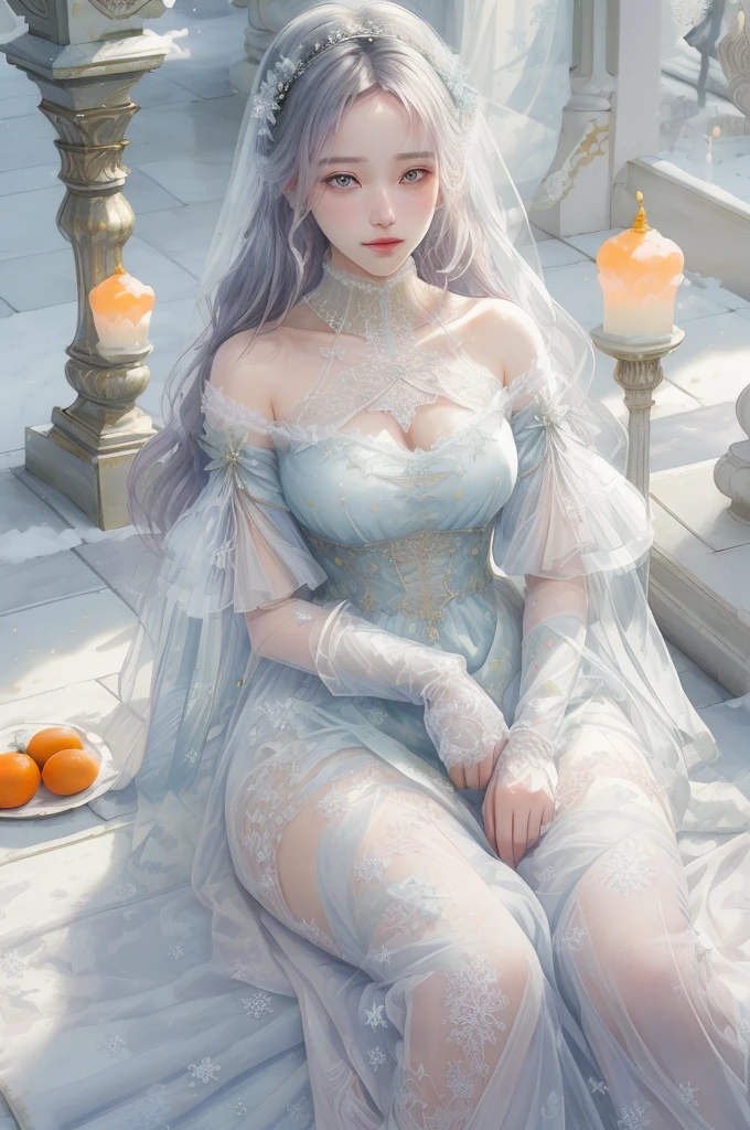 handsome girl,winter, snowflakes smile, Love,delicate watercolor, pastel colours, Detailed drawing, hyper realisitc, palace garden, 19th century, fir , tangerines,silk, Mecha, Lace ,nacre , Atlas , lace, Velvet, chiffon, tapes, pearls , Academic Drawing, Beyond Detail, Hyper Detail, Filigree, vivid lighting, is beautiful, photo realism, 电影灯光, HDR, Masterpiece, octane render