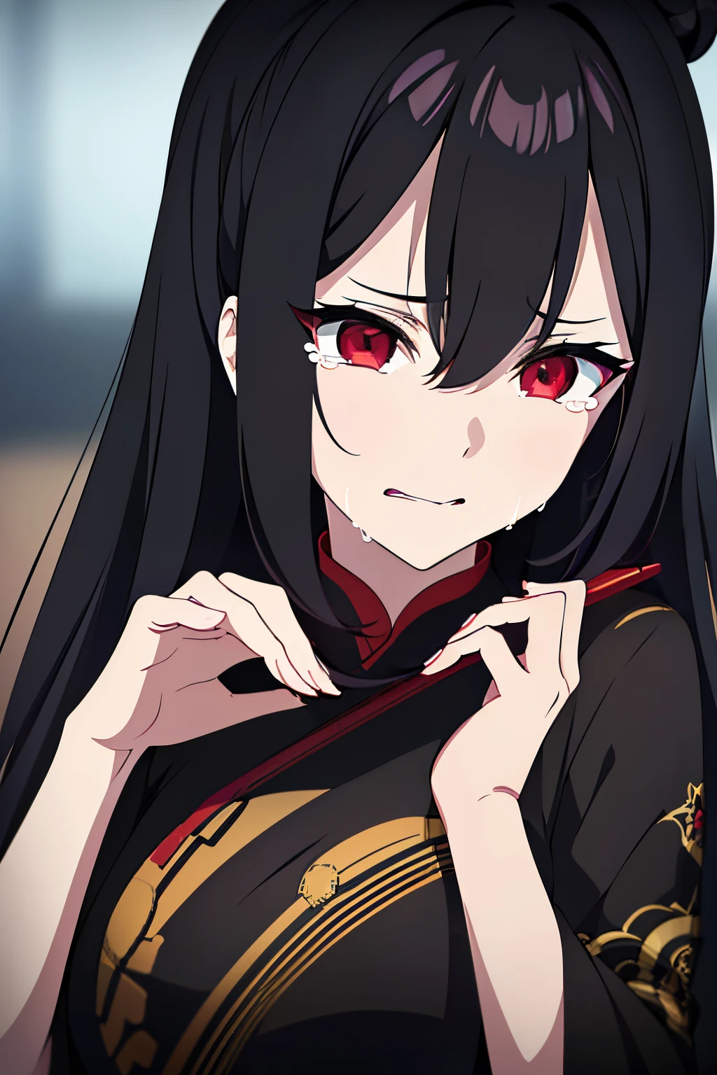 scene:0.9, (masterpiece), best quality, (((ultra detailed, 8k quality))), looking at viewer, (long black hair, side bang, expressive red eyes:0.7, glowing red eyes), (depth perception:0.7, black background, blurry background), (torso), , feminine, sad, crying, surrounded by darkness, (distanced), ((in the distance surrounded by darkness)), (head tilted up), looking at viewer , (perfect hand), (hair pins), wearing black Chinese dress with golden dragon patterns on it, (((crying into her hands)), 14 years old, ((zoomed out))