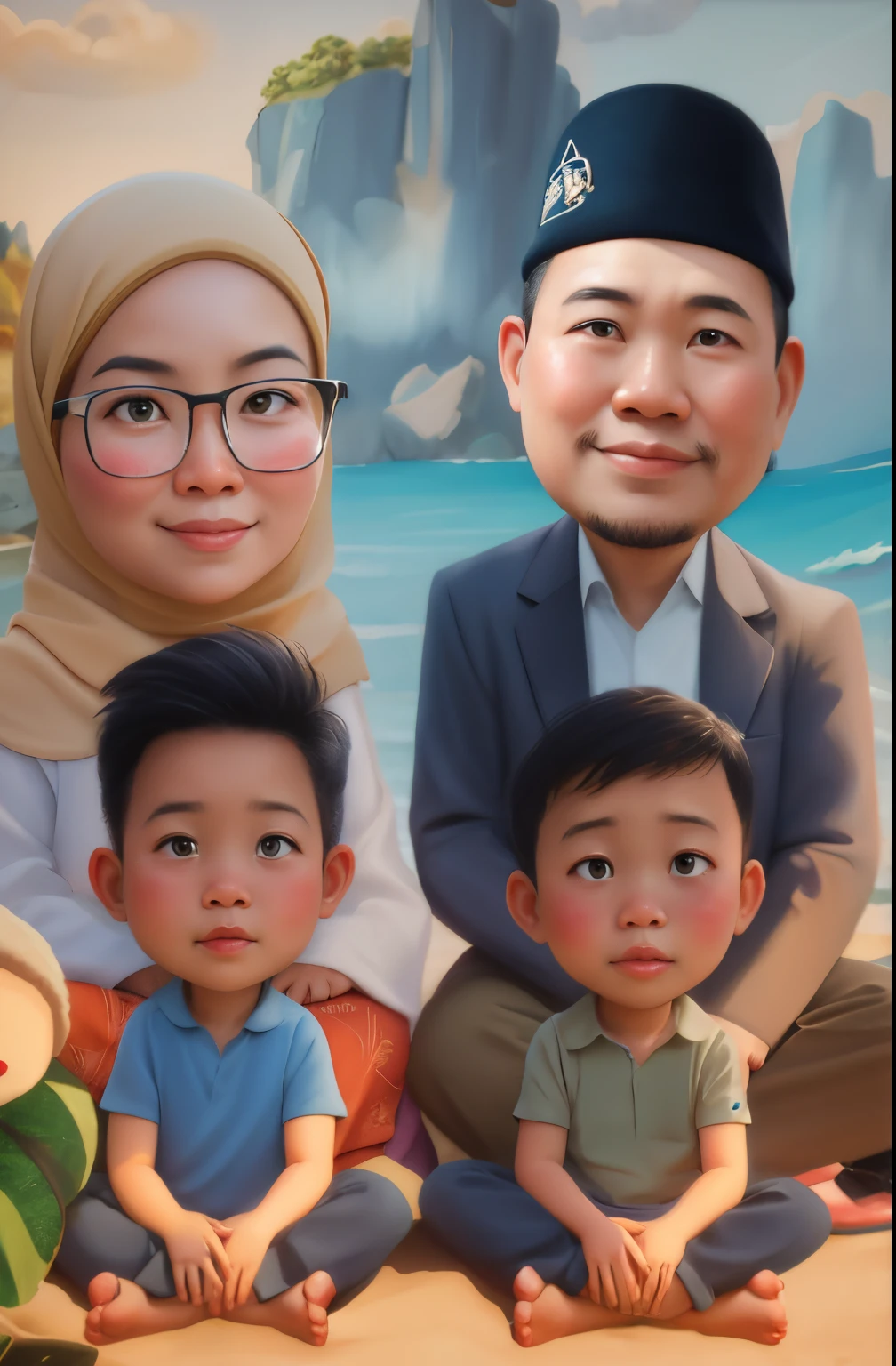 painting of a family sitting on the beach with a tree in the background, an indonesian family portrait, full protrait, realism artstyle, potrait, cartoon digital painting, Indonesian muslim family, family portrait, family, happy family, classic portrait, in cartoon style, traditional portrait, high quality portrait, color portrait, cartoon artstyle, 1 / 4 portrait, caricature illustration