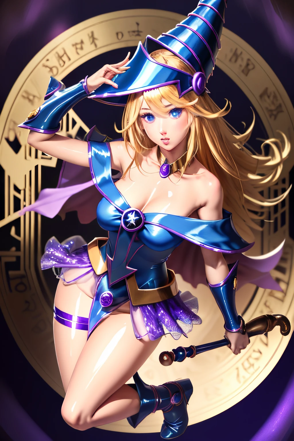 ultra-detailed, extremely detailed, masterpiece, highest quality, best quality, absurdres, highres, dark magician girl, (1girl:1.2), solo, detailed face, dynamic pose, hair flow, (full body:1.1), blonde hair, long hair, looking at viewer, green eyes, skindentation, detailed skin, skin pores, (shiny skin, glossy skin:1.1), rosy skin details, breasts, nail polish, skirt, blue footwear, blue headwear, wizard hat, wand, holding hat, (blue panties:0.9), (summoning circle:1.1), hexagram, pentacle, pentagram, yu-gi-oh!, duel monster, purple magic field, glow, detailed background, intricate background,