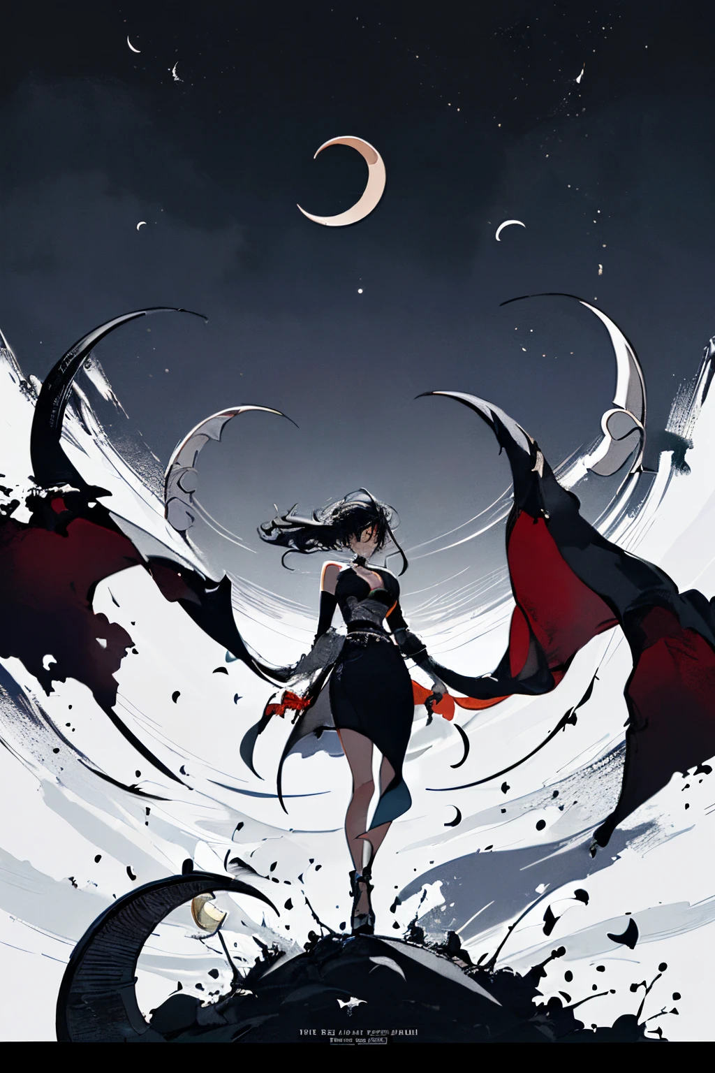 (((((Crescent moon in the background))))),((((Dramatic))), (((gritty))), (((Formidable))) Movie poster featuring a young woman as the main character. She stands confidently in the center of the poster,moon in background, Wear stylish and edgy outfits, with a determined look on her face. The background is dark and grainy, with a sense of danger and intensity. Bold, attention-grabbing text, With a catchy tagline that adds to the overall sense of drama and excitement. Color palette with mainly dark colors sprinkled with bright colors, giving the poster a dynamic and visually striking appearance,Tachi-e (magazine:1.3), (cover-style:1.3), Fashionable, Woman, Vibrant, outfit, Posing, front, Colorful, Dynamic, Background, element in, which are full of confidence, expression, Holding, statement, accessory, An majestic, coiled, Around, Touch, Scene, Text, cover, Bold, captures the attention, titles, Stylish, Font, Catchy, headline, Larger, striking, Modern, Trendy, Focus, Fashion,