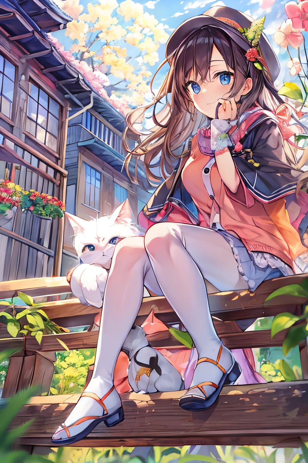 relaxing style, Warm atmoshere, masterpiece, best quality, ultra detailed beautiful face and eyes, girl with, Anime style, (A girl looking at the sky), (the pleasant wind and beautiful sky), springtime, sitting, A small cat, suns, wild flowers, break, rivulets, small bridge, Relaxed smile, Townscape in the distance