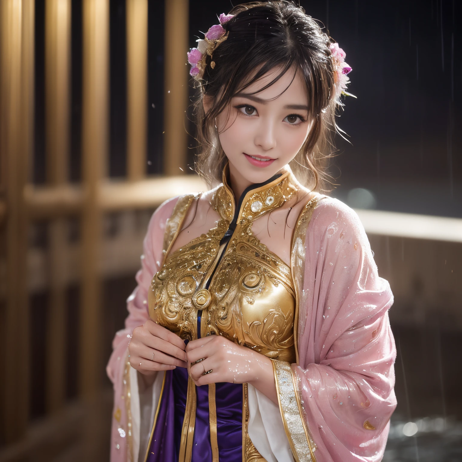 ((masutepiece、top-quality、Top image quality、in 8K、Award-Winning Works))、One Goddess、(The most gorgeous and extravagant goddess giant costume:1.5)、(The background is the most luxurious garrison:1.3)、(The most gorgeous and luxurious pink and purple goddess furisode:1.3)、(The most luxurious and extravagant goddess furisode:1.1)、Upper body photo、accurate anatomy、(Look at me and smile:1.1)、(the most intricate and luxurious decoration:1.2)、(Large amount of jewelry decoration:1.1)、(One giant lightning bolt:1.1)、(Intense real rain:1.1)、(Unbelievably soaked:1.1)、The whole body is soaking wet、Drenched hair、wet and disheveled hair、Perfect texture down to the details of the wet furisode、Perfectly expresses the texture of soaked hair
