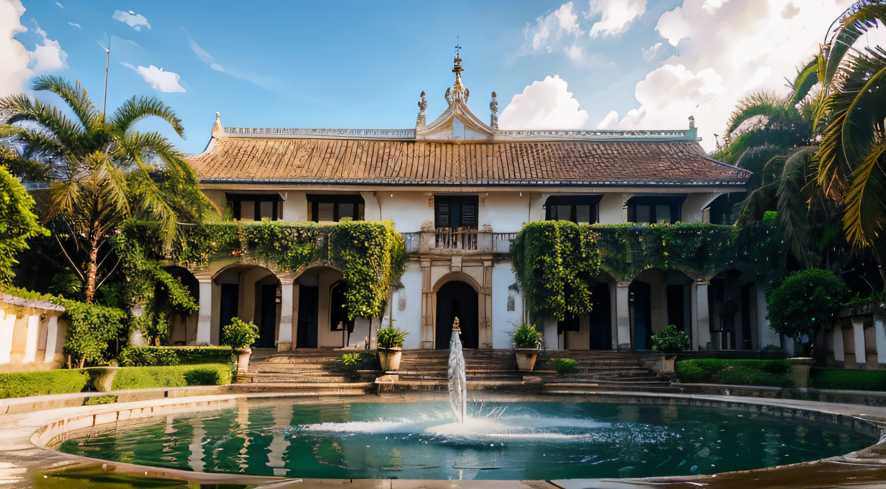 vista por fora da frente de um museu, with romantic building style, com um jardim e uma fonte d'agua na frente com agua cristalina.