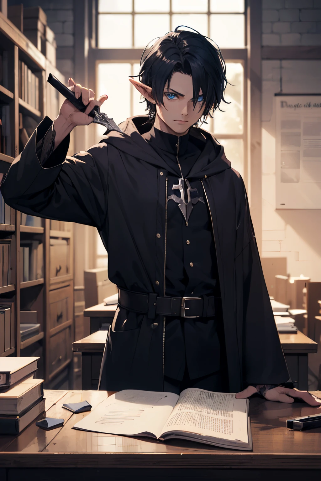 man mysterious elf assassin arcane trickster rogue dark robe hooded black short hair, blue eyes, with a dagger in his hand in his desk
