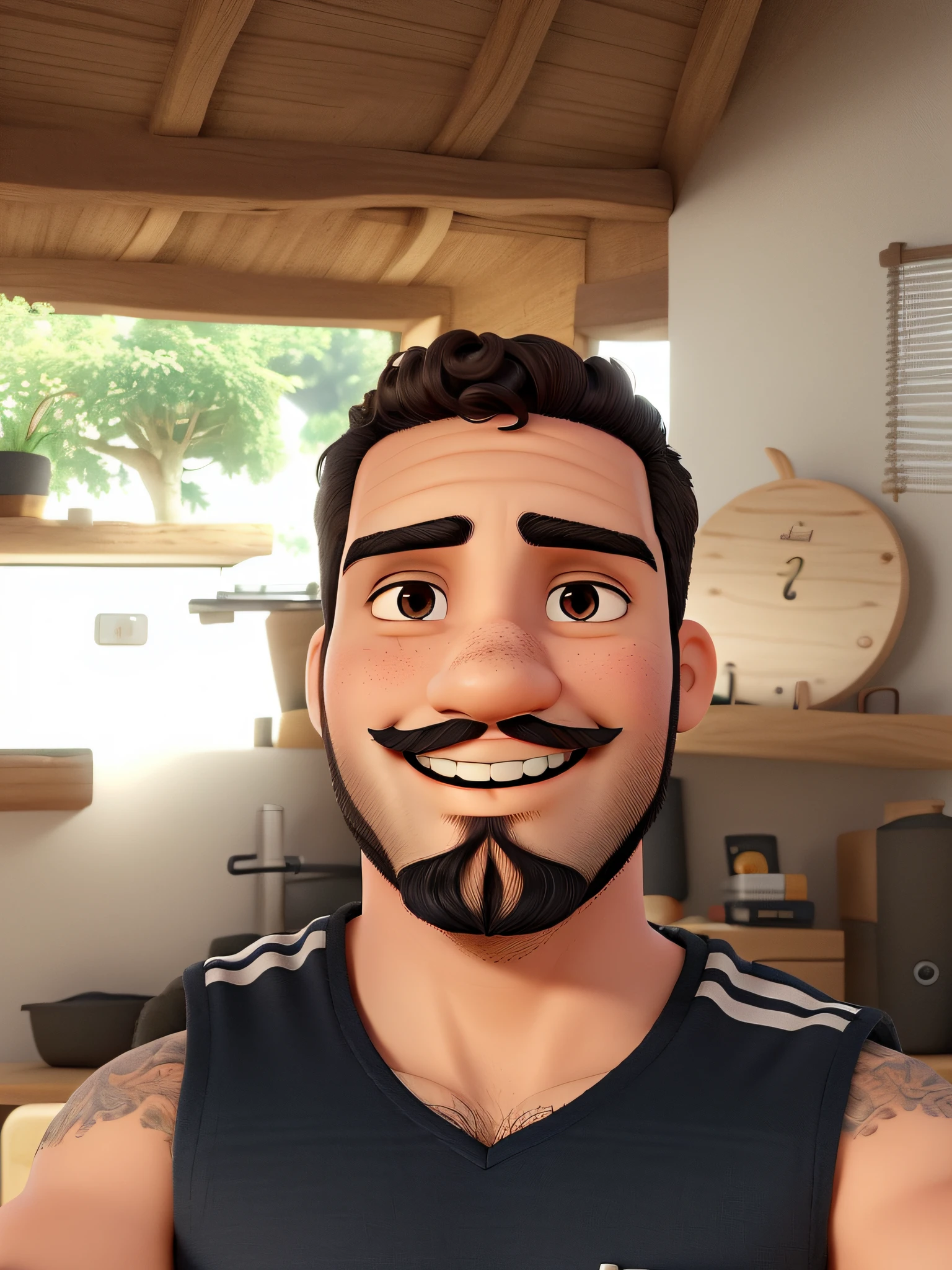 homem com barba, sorridente, cabelos curtos e cacheados, face oval, olhos negros, orelhas pequenas