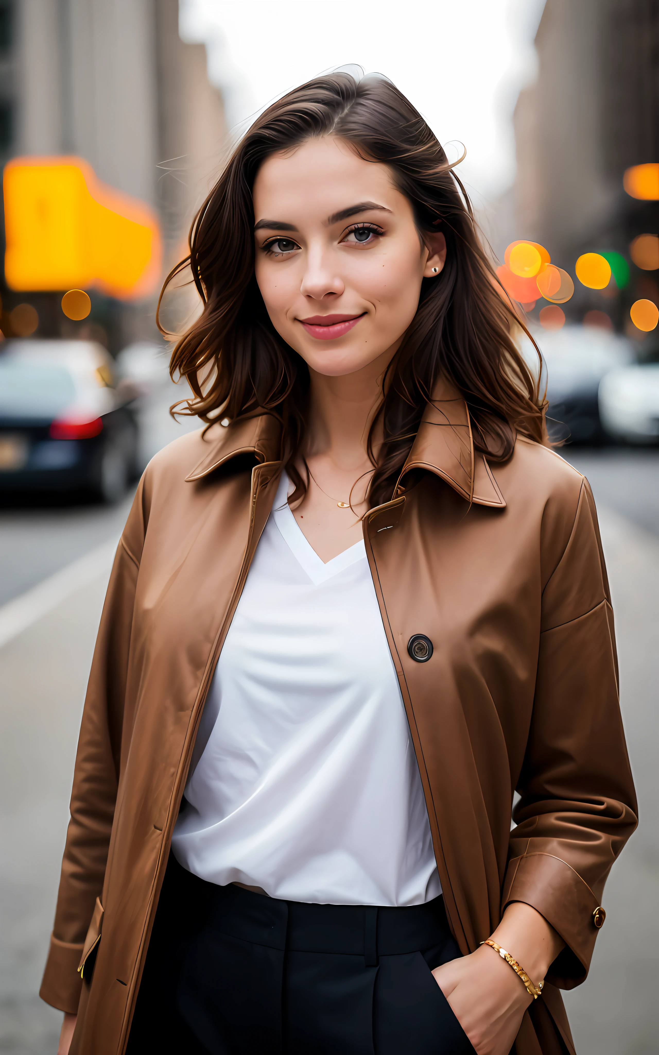 beautiful brunette, woman in brown coat standing on the sidewalk in the city with lights, sophisticated young woman wearing a brown leather coat, woman is in a trenchcoat, attractive woman, photo of a woman, woman in business suit, well-lit professional photo, wearing an extravagant jacket, brown jacket, mid-shot portrait of a gorgeous, 60mm portrait,  wearing a long coatyellow sweater (taking cammmmm, very detailed, 21 years, innocent face, natural wavy hair, blue eyes, high resolution, masterpiece, best quality, intricate details, highly detailed, sharp focus, detailed skin, realistic skin texture, texture, detailed eyes, professional, 4k, charming smile, shot on Canon, 85mm, shallow depth of field, kodak vision color, perfect fit body,  extremely detailed, foto_\(ultra\), photorealistic, realistic, post-processing, maximum detail, roughness, real life, ultra realistic, photorealism, photography, 8k uhd, photography