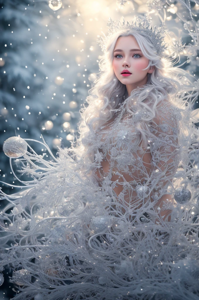 drawing of a snow queen, kokoshnik made of Christmas balls, fine drawing, beautiful landscape, vector graphics, many details, delicate sensuality, realistic, high quality, work of art, hyper-detailed, professional, filigree, hyper-realism, professionally intricate details, transparent, delicate pastel colors, backlit, contrast, fantastic, nature, fabulous, unreal, translucent, glowing, clear lines