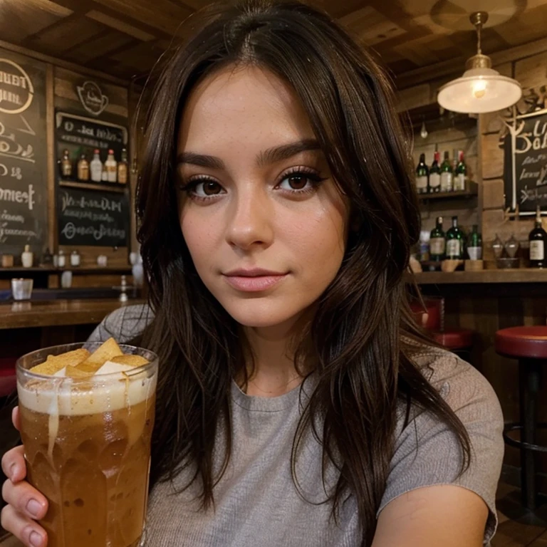 Brune qui prend un selfie dans un bar