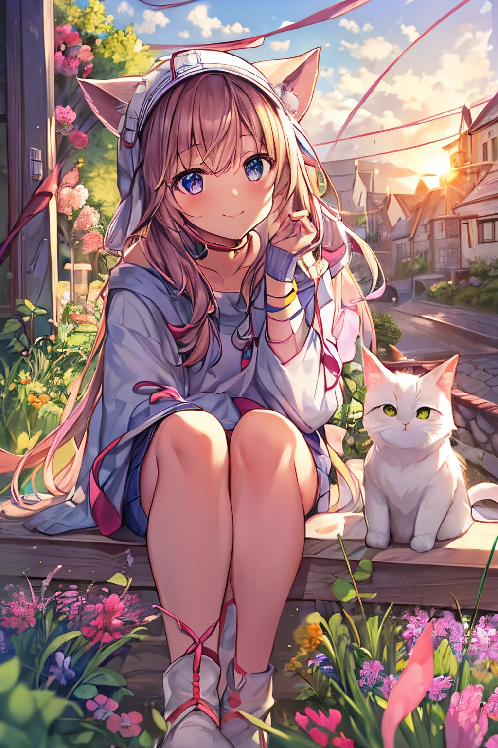 relaxing style, Warm atmoshere, masterpiece, best quality, ultra detailed beautiful face and eyes, girl with, Anime style, (A girl looking at the sky), (the pleasant wind and beautiful sky), springtime, sitting, A small cat, suns, wild flowers, break, rivulets, small bridge, Relaxed smile, Townscape in the distance