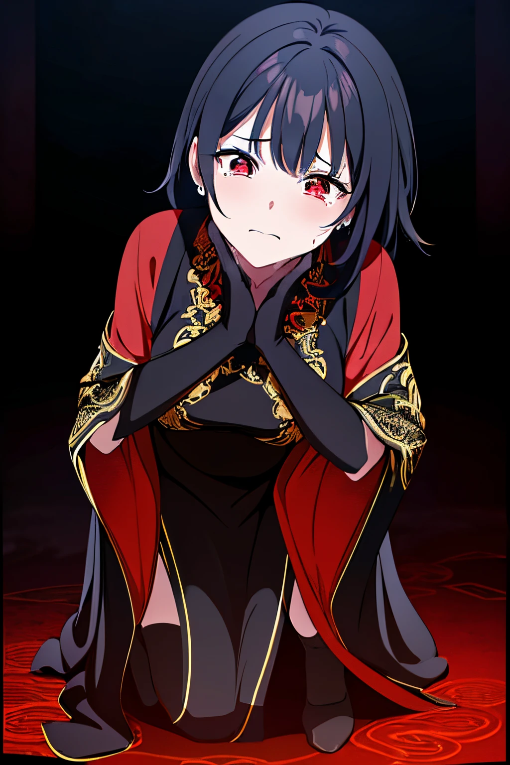 scene:0.9, (masterpiece), best quality, (((ultra detailed, 8k quality))), looking at viewer, (black hair, side bang, expressive red eyes:0.7, glowing red eyes), (depth perception:0.7, black background, blurry background), (torso), sad, surrounded by darkness, (distanced), ((in the distance surrounded by darkness)), (head tilted up), looking at viewer , (perfect hand), wearing black Chinese dress with golden dragon patterns on it, (((crying into her hands)), 14 years old, (((full_body)))