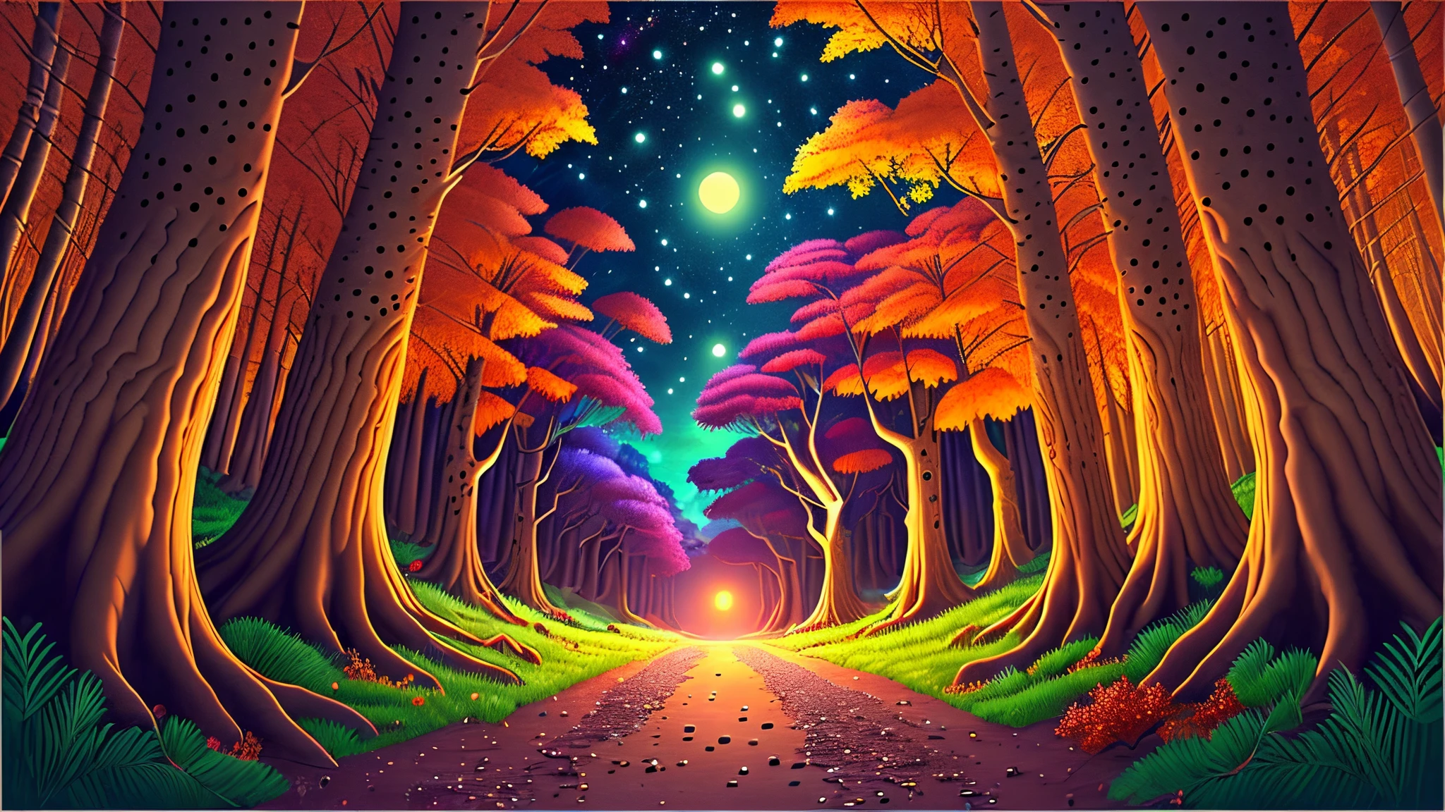 red orange yellow green blue indigo purple colour glowing balls in the dark forest, very colourful and brightly glowing balls, sorrounded by trees, dark and night forest, magical glowing balls, night and clear sky,  ultra realistic scene --auto --s2