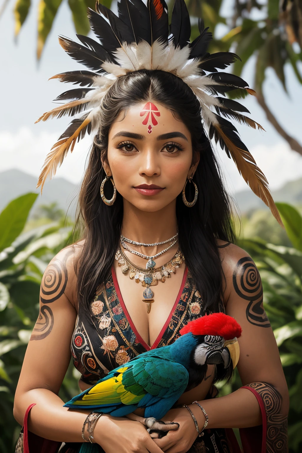 Uma mulher brasileira, indigena, with beautiful coca ON THE HEAD, seios cobertos por biquine tom de pele, olhos pequenos, many necklaces around the neck, , coca with blue macaw feathers, neck adorned with necklaces made from tree seeds native to Brazil, saia de fibras naturais, pele marrom claro, olhos puxados, cabelos escuros lisos, pinturas pelo corpo, Indigenous tattoos, Vibrant image of creation and birth: Celebrate the vitality of the indigenous deity Maíra in a lush scene with blooming flowers, Loaded fruit trees, and newborn animals. Use warm, vibrant colors to convey the energy and fertility that emanate from this representation, creating a setting that exalts life and renewal ((best quality)), ((master part)), (circunstanciado), rosto perfeito