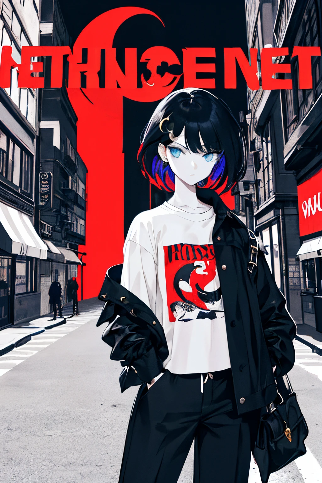 (Crescent moon in the background),Movie Poster Style, Specific text, Strong color contrast, Stunning composition, bold and trendy, , which are full of confidence, street scene,english text, Bold fashion,Confident attitude,Women's Empowerment,Street style, Fashion,bold typography,high,Contrast Color, Clothing,Eye-catching composition,The atmosphere of the cityscape,