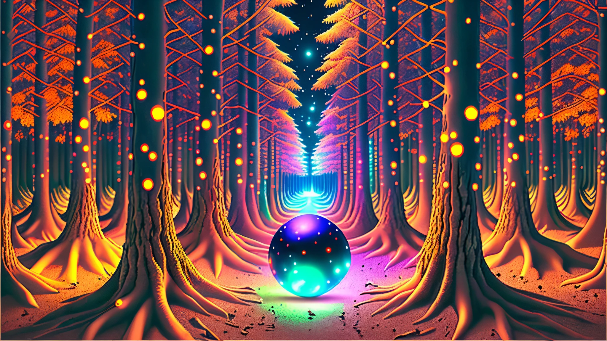 red orange yellow green blue indigo purple colour glowing balls in the dark forest, very colourful and brightly glowing balls, sorrounded by trees, dark and night forest, magical glowing balls, night and clear sky,  ultra realistic scene --auto --s2