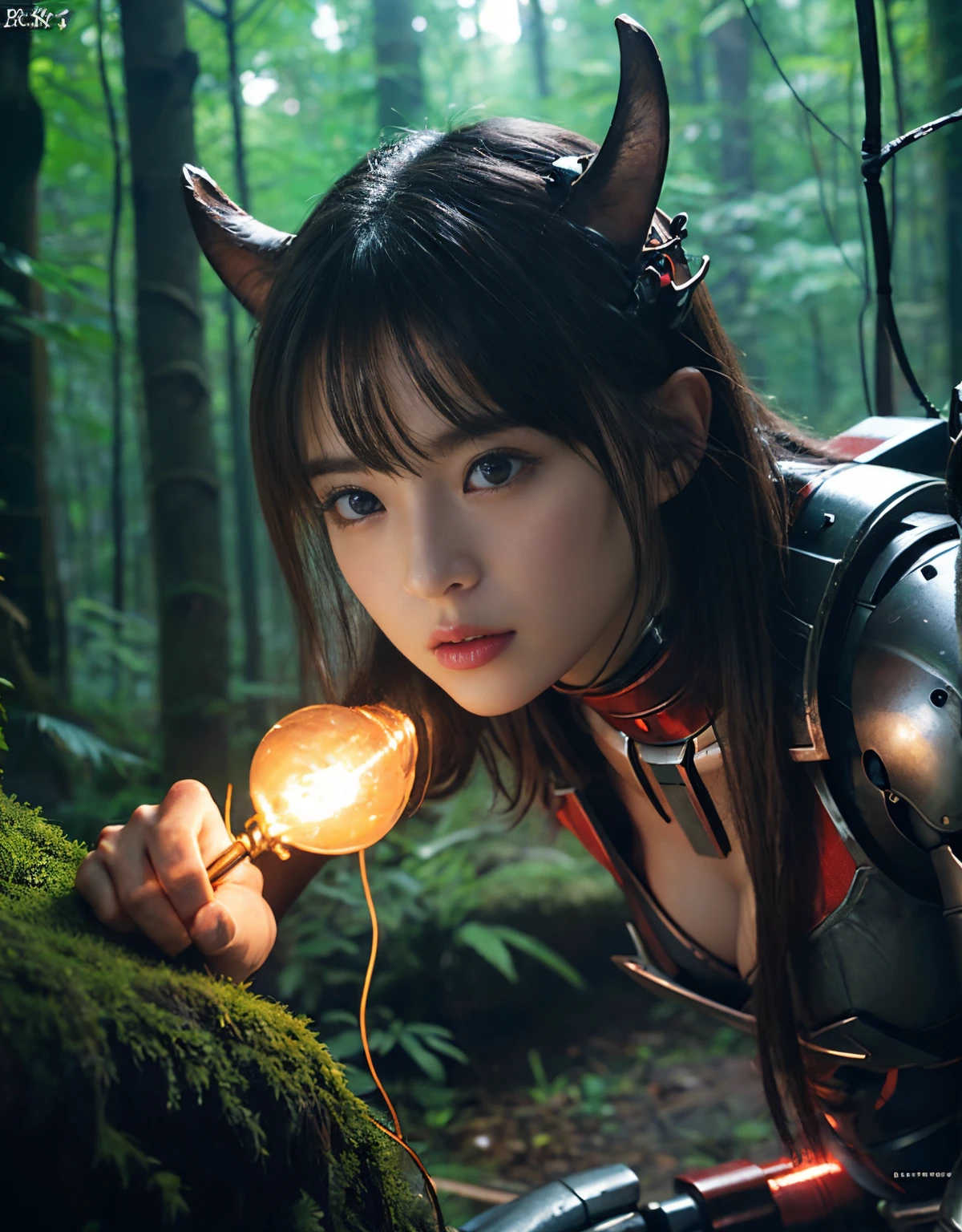 (1 Mechanical Girl)、(Mystical expression)、top-quality、masterpiece、超A high resolution、(Photorealsitic:1.4)、Raw photo、女の子1人、Fight mutants、glowy skin、(((1 Mechanical Girl)))、(Red Metal Bodysuit)、(Fight goblings、ogre、Fierce battle with Osite、Beautiful forest background of fierce battle with alien night demon beast)、(Small LED)、((super realistic details))、vertical giant monster background),globalillumination、Shadow、octan render、8K、ultrasharp、Colossal tits、Raw skin exposed in the cleavage、red metal、Details of complex ornaments、Japan details、highly intricate detail、Realistic light、(Mystical expression),CG Society Trenlow Eyes、Eyes shining towards the camera、Mechanical marginal blood vessels connected to neon detail tubes)、(Wires and cables connecting to the head)、Small LED、,Mechanical thighs、Toostock、(Hands are also made of machines.traces on the cliff)、机器人、