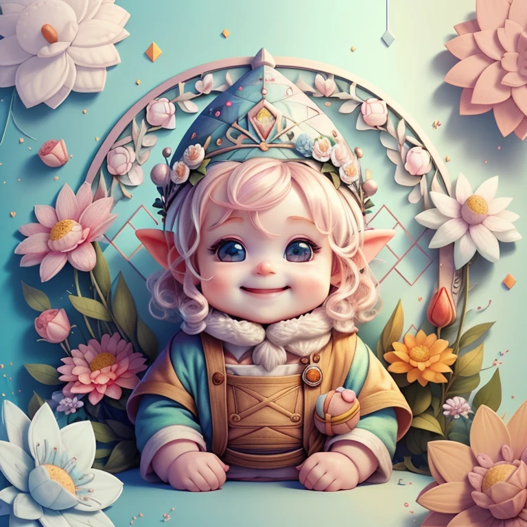 (cute baby gnome smiling with flowers) Munchkin ,Geometric multidimensional wall portrait, livro de arte, Tchibi,
Yang08k, Beautiful, Colouring,
Obras, of the highest quality, best quality, Arte Oficial, Beautiful and Aesthetic,