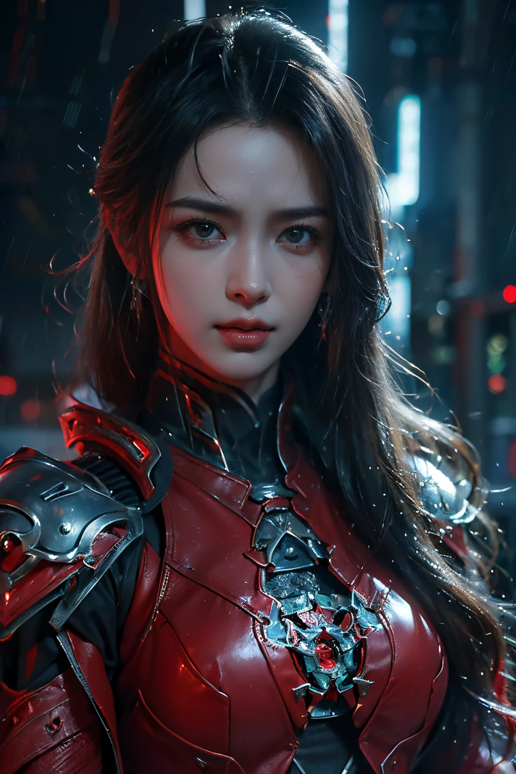 tmasterpiece,Best quality,A high resolution,8K,(Portrait photograph:1.5),(ROriginal photo),real photograph,digital photography,(Combination of cyberpunk and fantasy style),(Female soldier),20岁女孩,random hair style,By bangs,(Red eyeigchest, accessories,Redlip,(He frowned,Sneer),(Cyberpunk combined with fantasy style clothing,Openwork design,joint armor,police uniforms,Red clothes,red colour),exposing your navel,Photo pose,Realisticstyle,Thunder and lightning on rainy day,(Thunder magic),oc render reflection texture