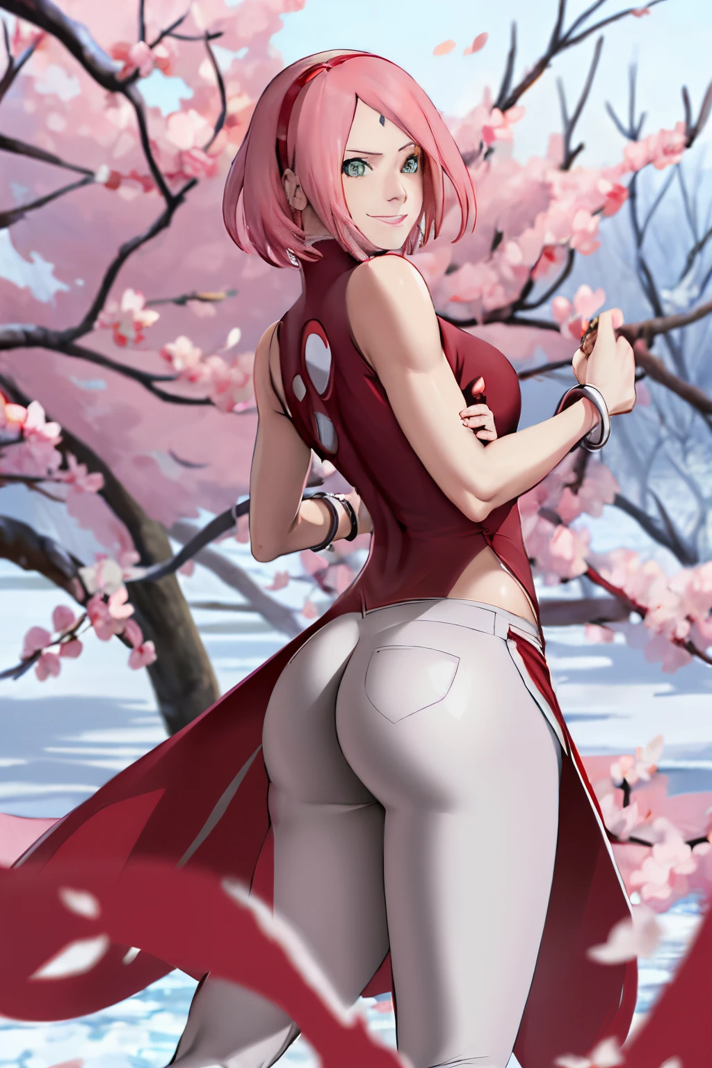 masterpiece, absurdres ,1girl, haruno sakura,forehead mark, red hairband, red sleeveless dress, white pants,navel,   groin,   bracelet, looking at viewer, crossed arms, smile, cherry blossoms, wind, floating hair,big ass, tight choltes,ass tearing pants