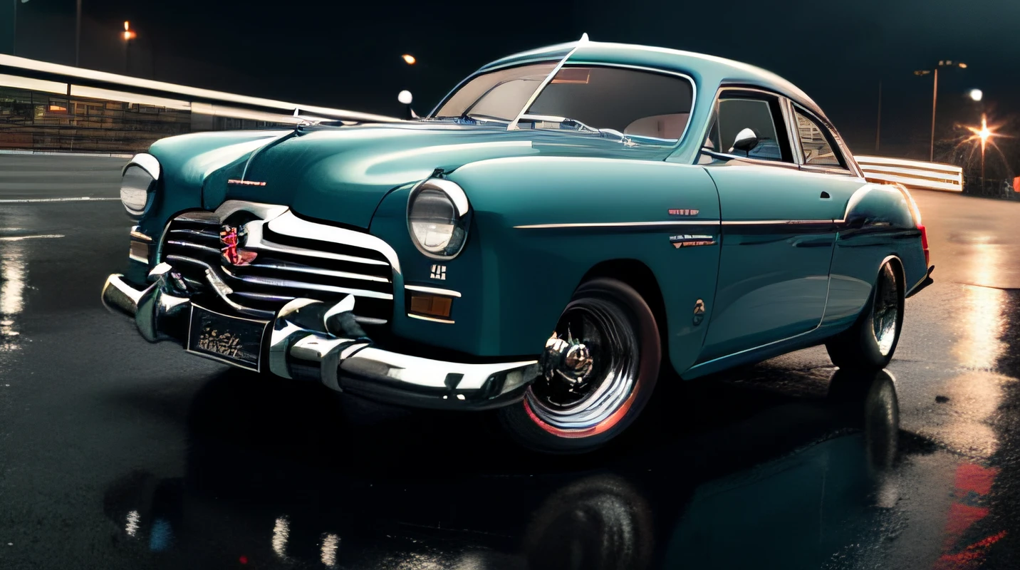 ((masterpiece,best quality)), (1950s), ultra-detailed, 4k, highres, cinematic, widebody race car, vehicle focus, wet asphalt, colorful